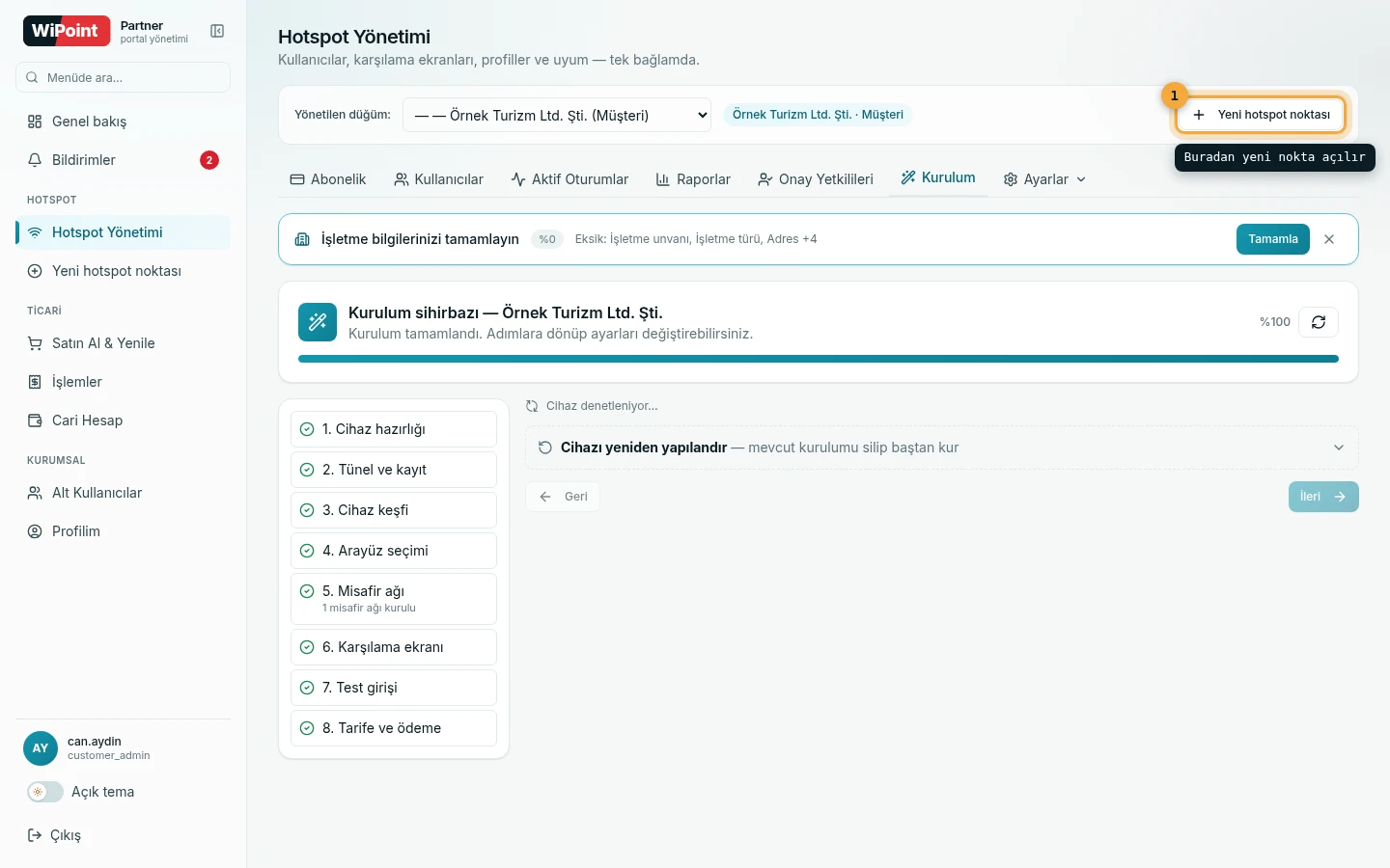 Hotspot Yönetimi ekranının üst çubuğu; sağ üstte “Yeni hotspot noktası” düğmesi amber çerçeveyle vurgulanmış, solunda yönetilen düğüm seçici ve sekme şeridi var.