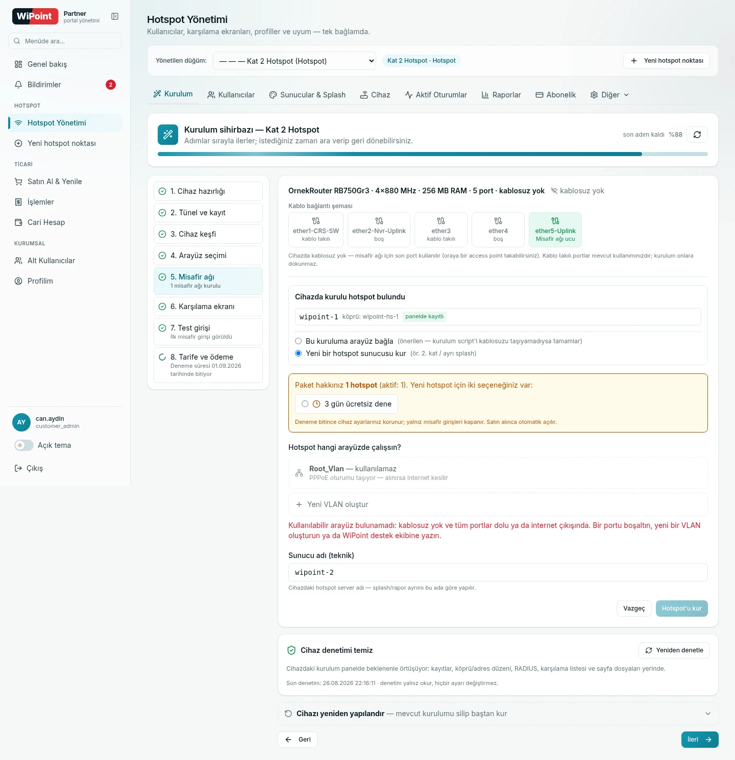 Misafir ağı adımı: köprü, IP havuzu ve DHCP sunucusunun kurulduğunu gösteren özet ekranı.