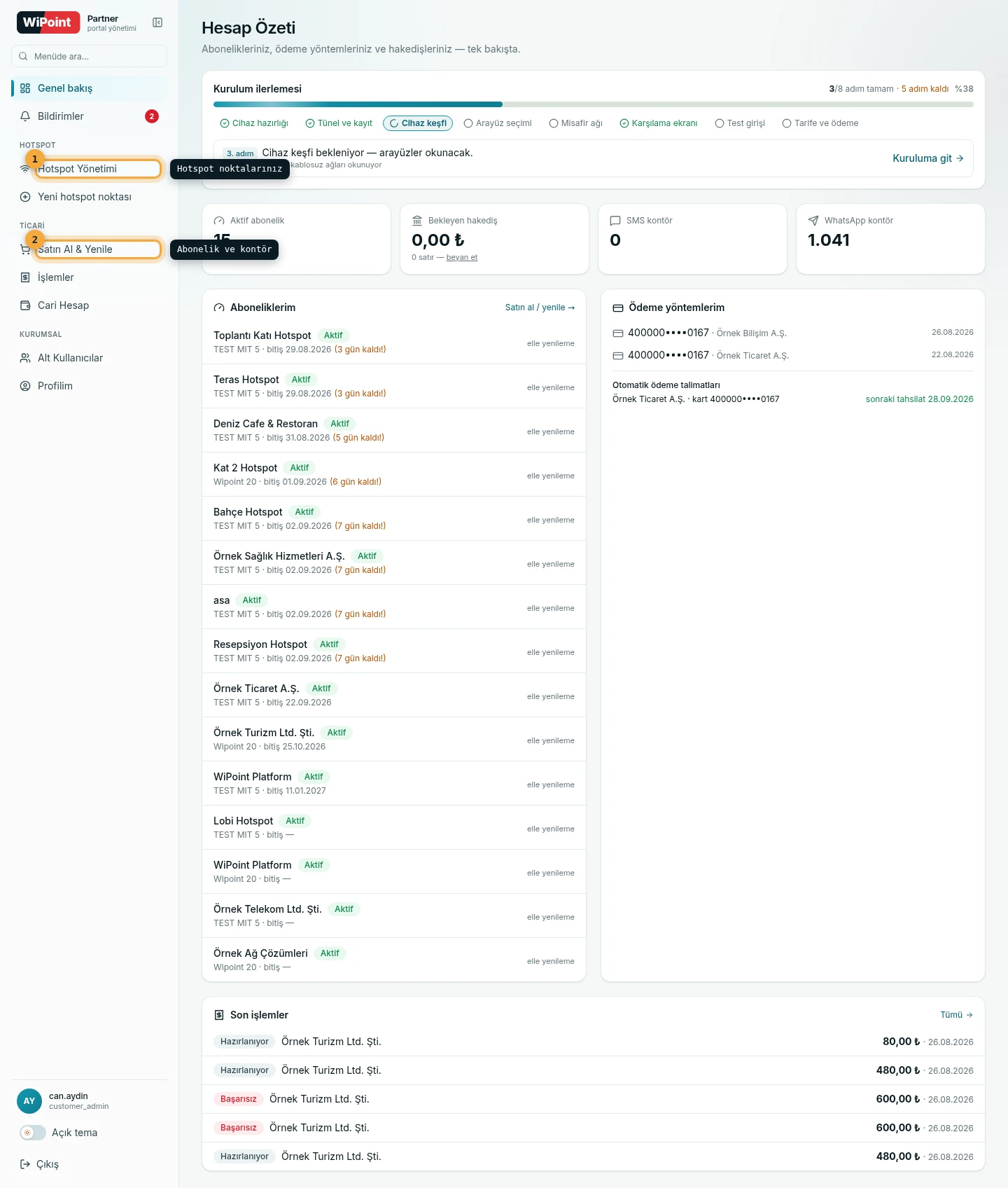 WiPoint partner portalının Hesap Özeti ekranı: solda menü, üstte kurulum ilerleme çubuğu, altında aktif abonelik, bekleyen hakediş, SMS ve WhatsApp kontör kartları ile abonelik listesi.